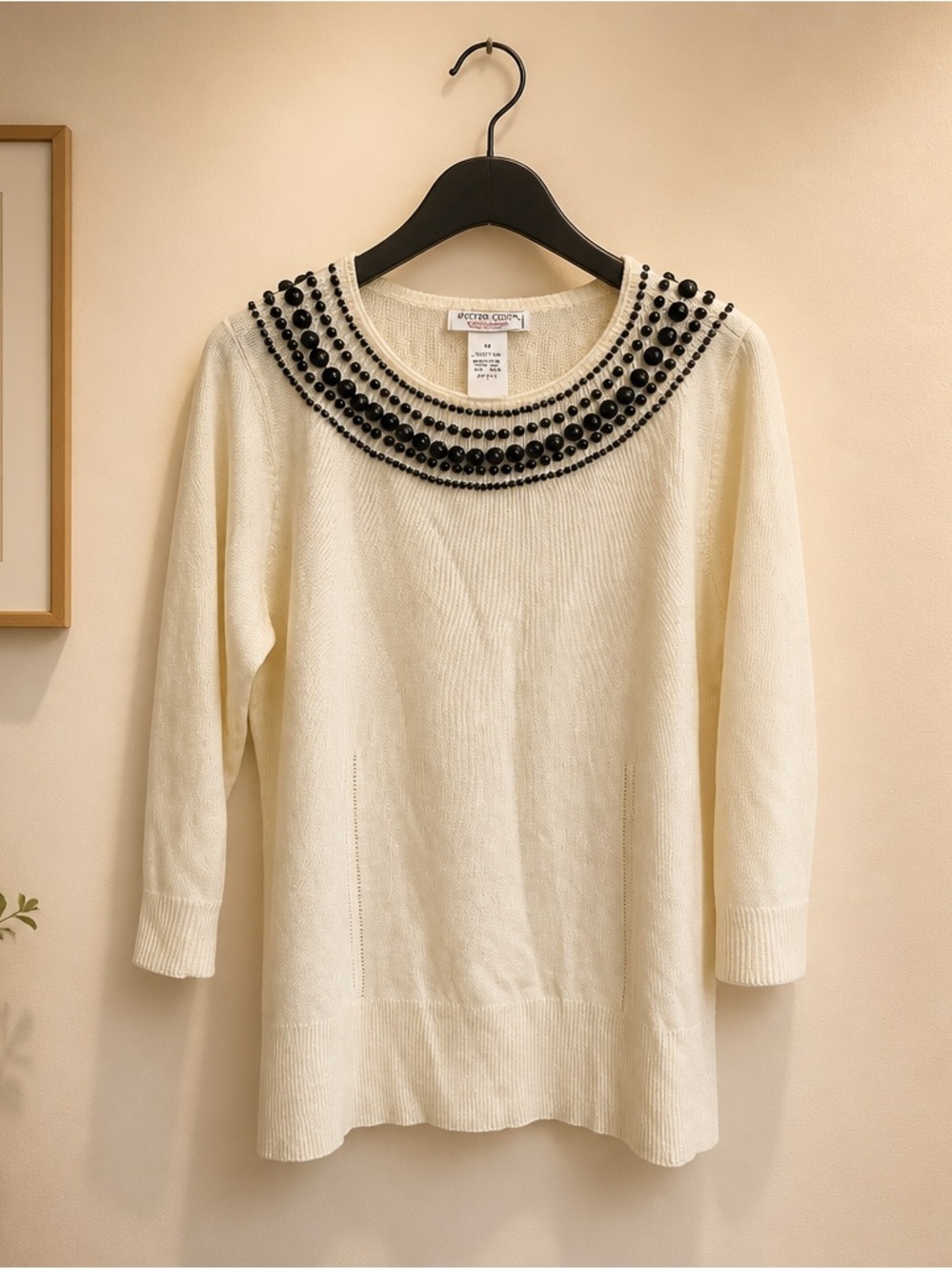 Vintage Beaded Crewneck Knit Top in Cream with Black Embellishment